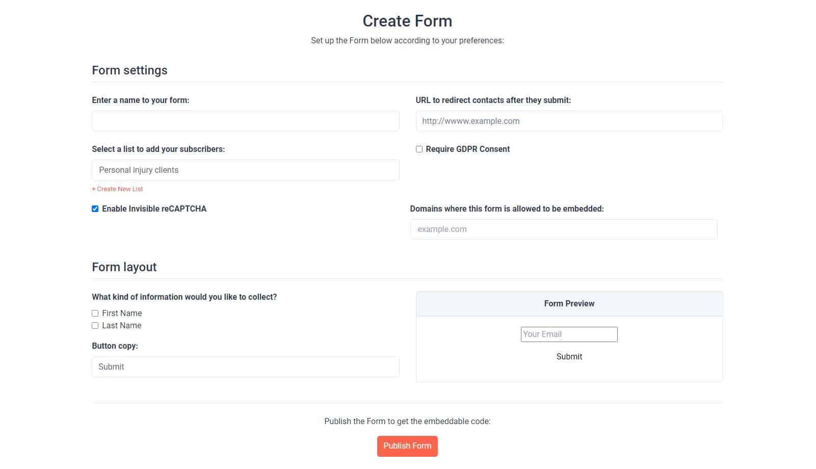Creating a form on Sendfox