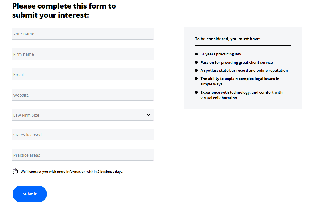 LegalZoom contact form