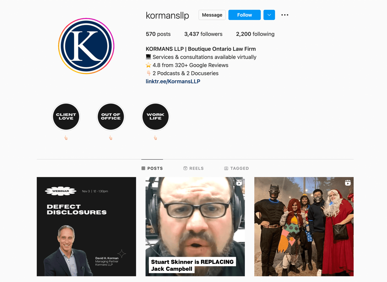 Law firm Instagram profile page